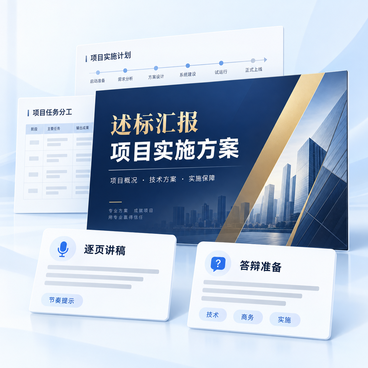 述标助手产品示意：深蓝金色演示文稿，搭配逐页讲稿和技术、商务、实施答辩准备卡片